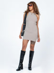 front view of model wearing Princess Polly Ellie Mini Dress Beige High Neck 