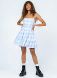 Front view of model wearing  front Princess Polly High Neck  Synthia Mini Dress Blue