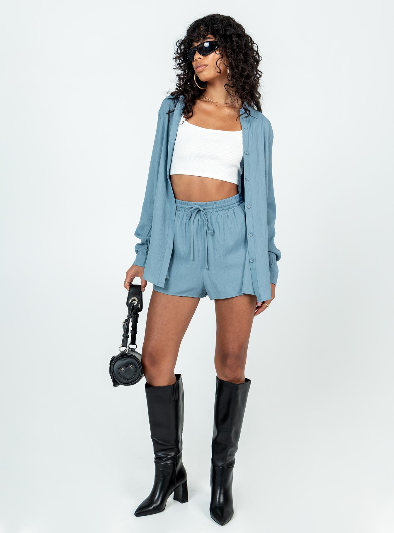 Matching set Button up shirt  Classic collar High waisted shorts  Elasticated drawstring waist 