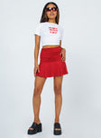 Red mini skirt Wide ruched waistband Frill hem