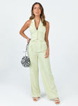 Green matching set High waisted pants  Zip & button fastening  Elasticated back band  Belt looped waist  Twin hip pockets Wide leg  Vest top  Lapel collar  Button front fastening 