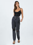 Front view of model wearing  front Princess Polly High Waisted  Emmette High Waisted Mom Jean Washed Black