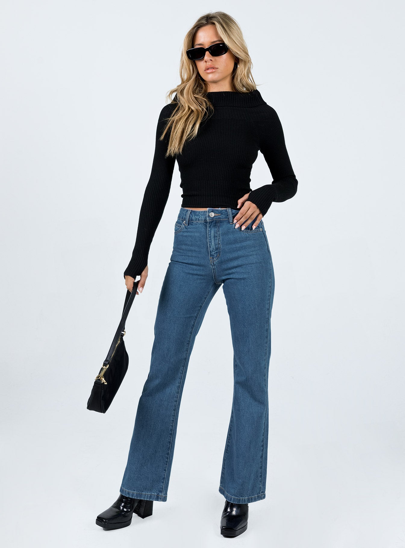 Front view of model wearing  front Princess Polly High Waisted  Mostar Bootleg Denim Jeans