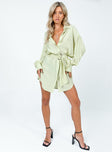 front view of model wearing Princess Polly Bilari Textured Fabric Shirt Dress Green V-Neck 