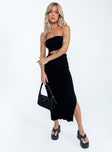 Black matching set Knit material  Strapless crop top  High waisted midi skirt  High side slit 