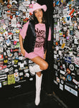 side view of model wearing Princess Polly Chaotic Generation Tee Dress Pink 