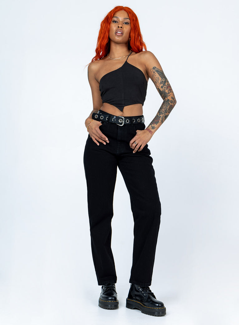 front view of model wearing Princess Polly Raquelle Straight Leg Denim Jeans Black Mid Rise 