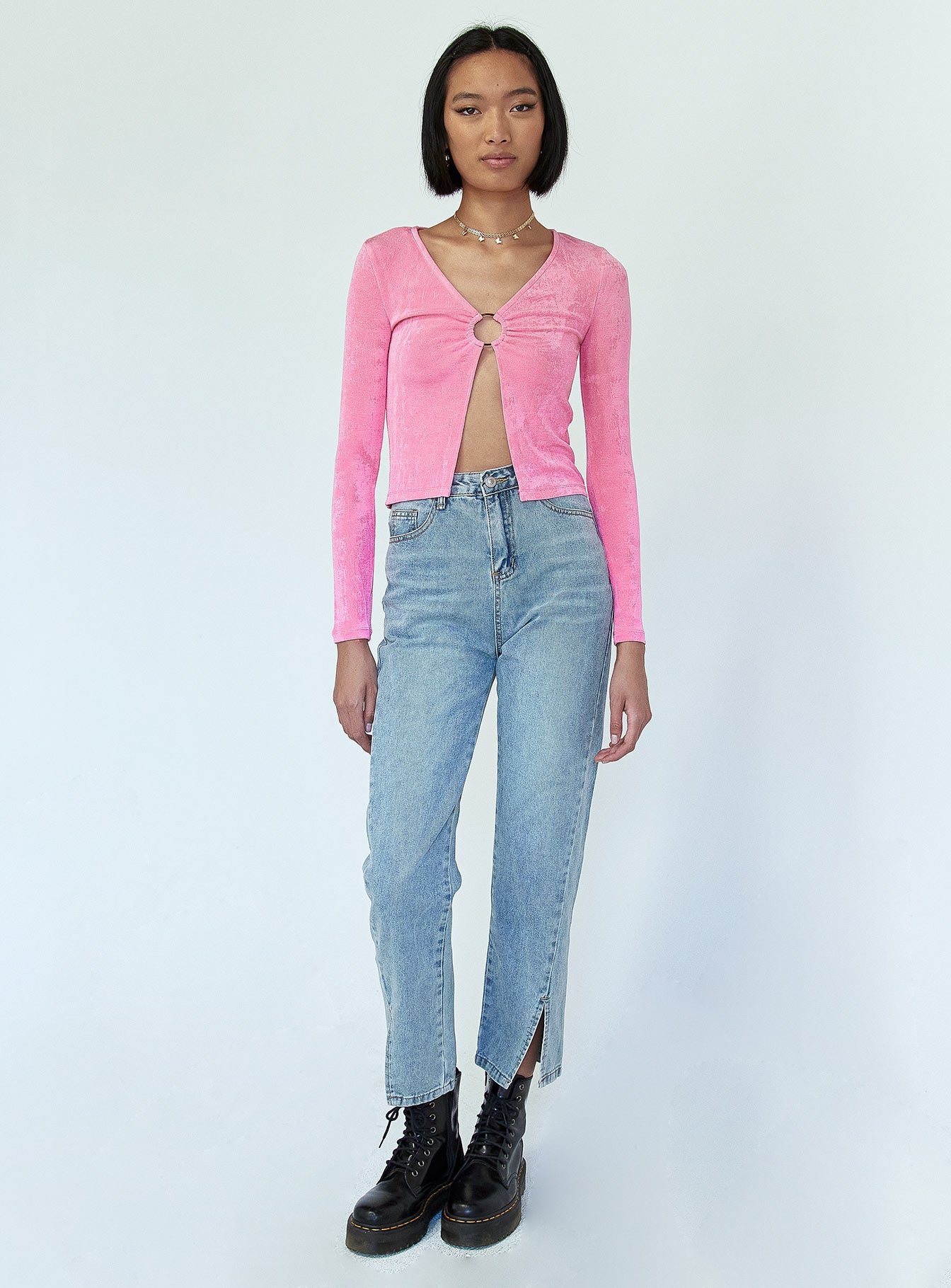 front view of model wearing Princess Polly Ember Ring Detail Top Pink 