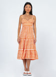 front view of model wearing Princess Polly Bea Maxi Dress Orange Gingham 