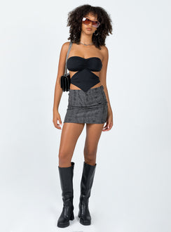   side view of model wearing Princess Polly Conan Mini Skirt Black Mini Skirts 