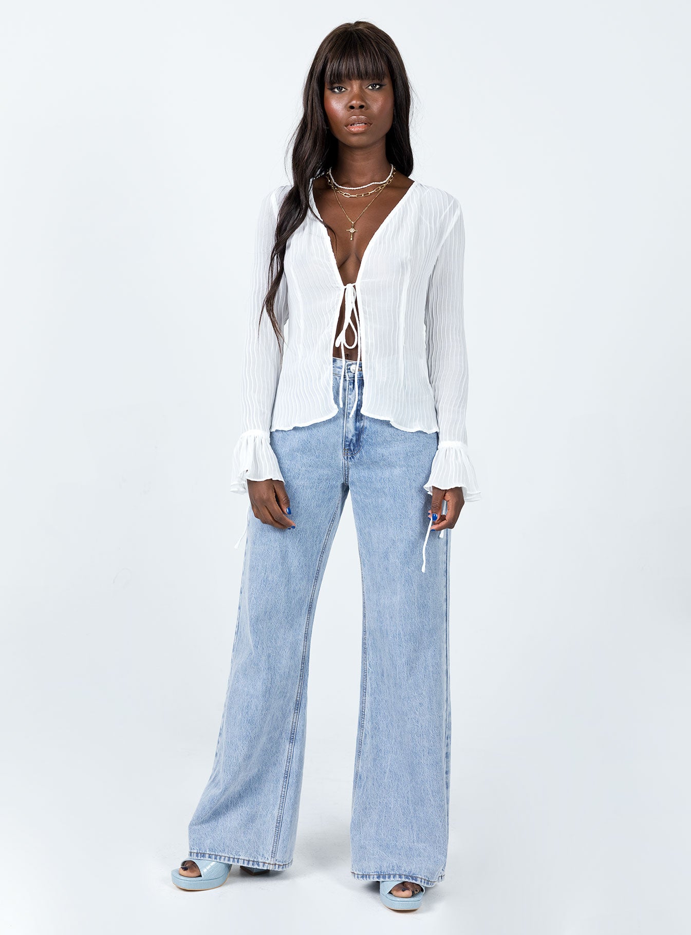 front view of model wearing Princess Polly Brody Long Sleeve Top White 