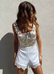 White shorts Silky material Invisible zip fastening at side Lace trim 