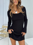 Front view of model wearing  front Princess Polly Boat Neck  Brownhall Long Sleeve Mini Dress Black