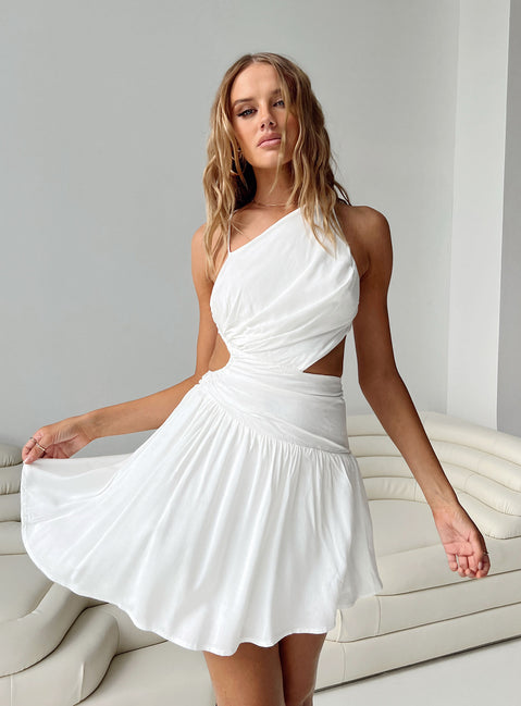 Front view of model wearing  front Princess Polly Asymmetric Neckline  Chaser Mini Dress White