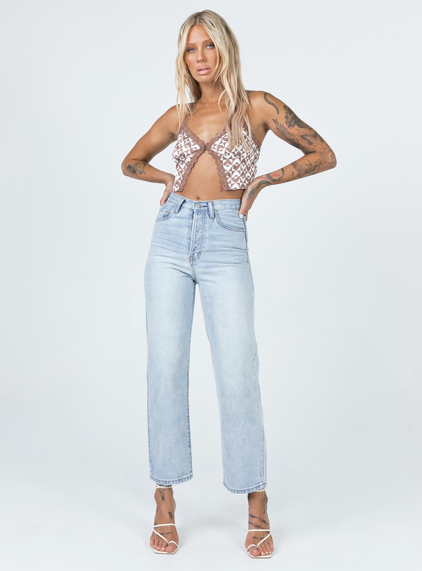 front view of model wearing Princess Polly Tyler Top Brown 