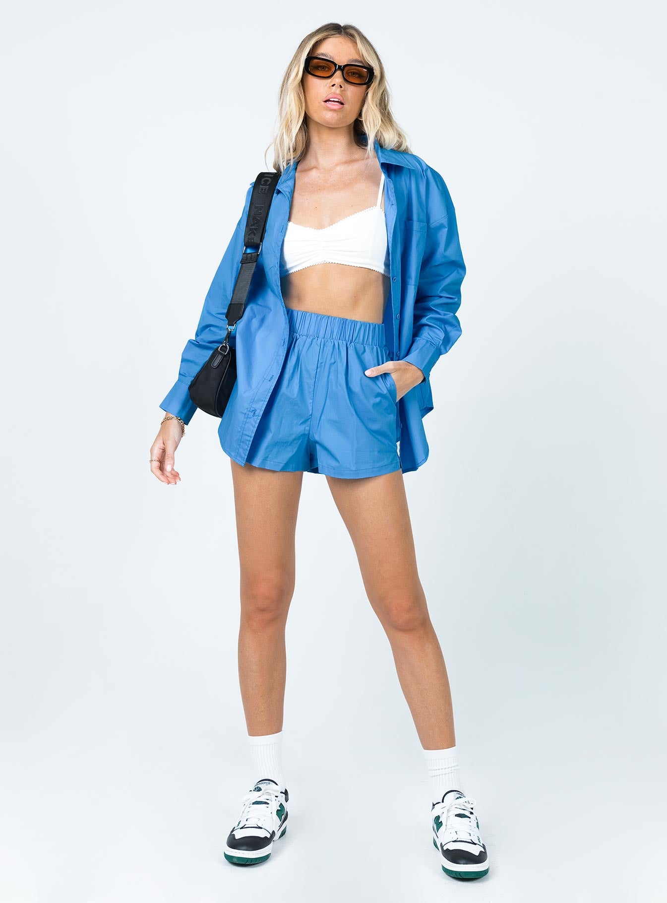 front view of model wearing Princess Polly Walsh Shirt Dark Blue 