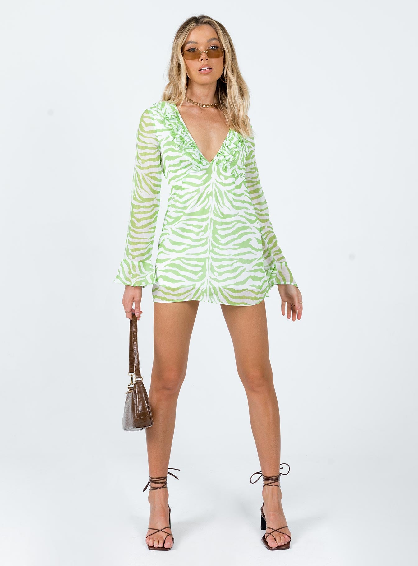 Front view of model wearing  front Princess Polly Crew Neck  Nostalgia MinI Dress Green