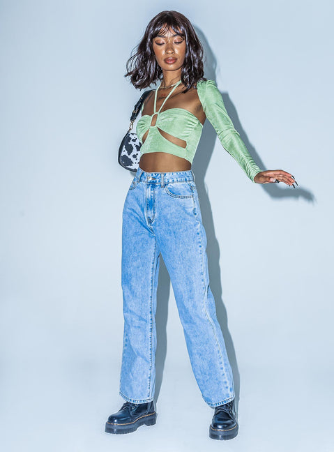 front view of model wearing Princess Polly Malaya Long Sleeve Top Green 