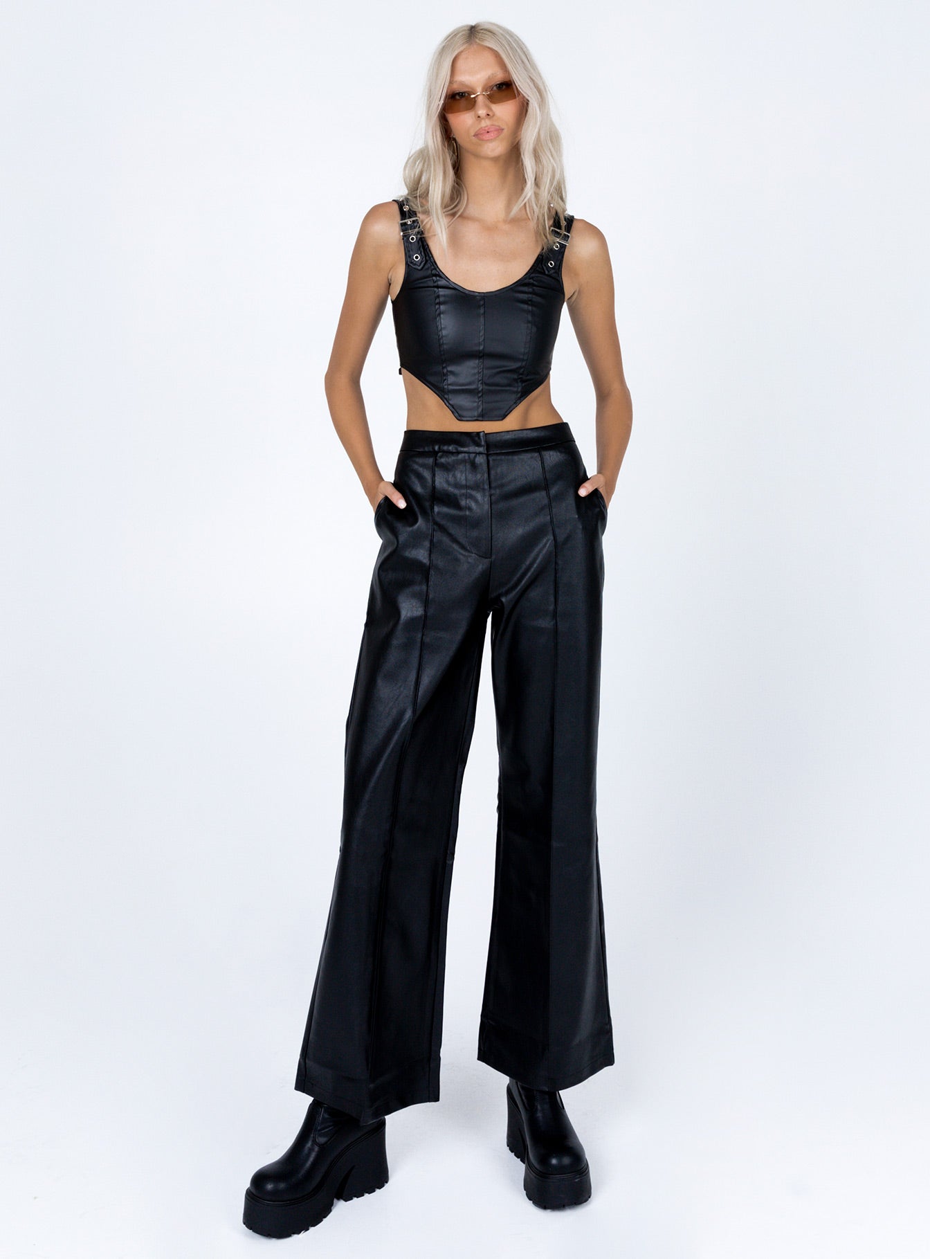 front view of model wearing Princess Polly Travis PU Corset Black 