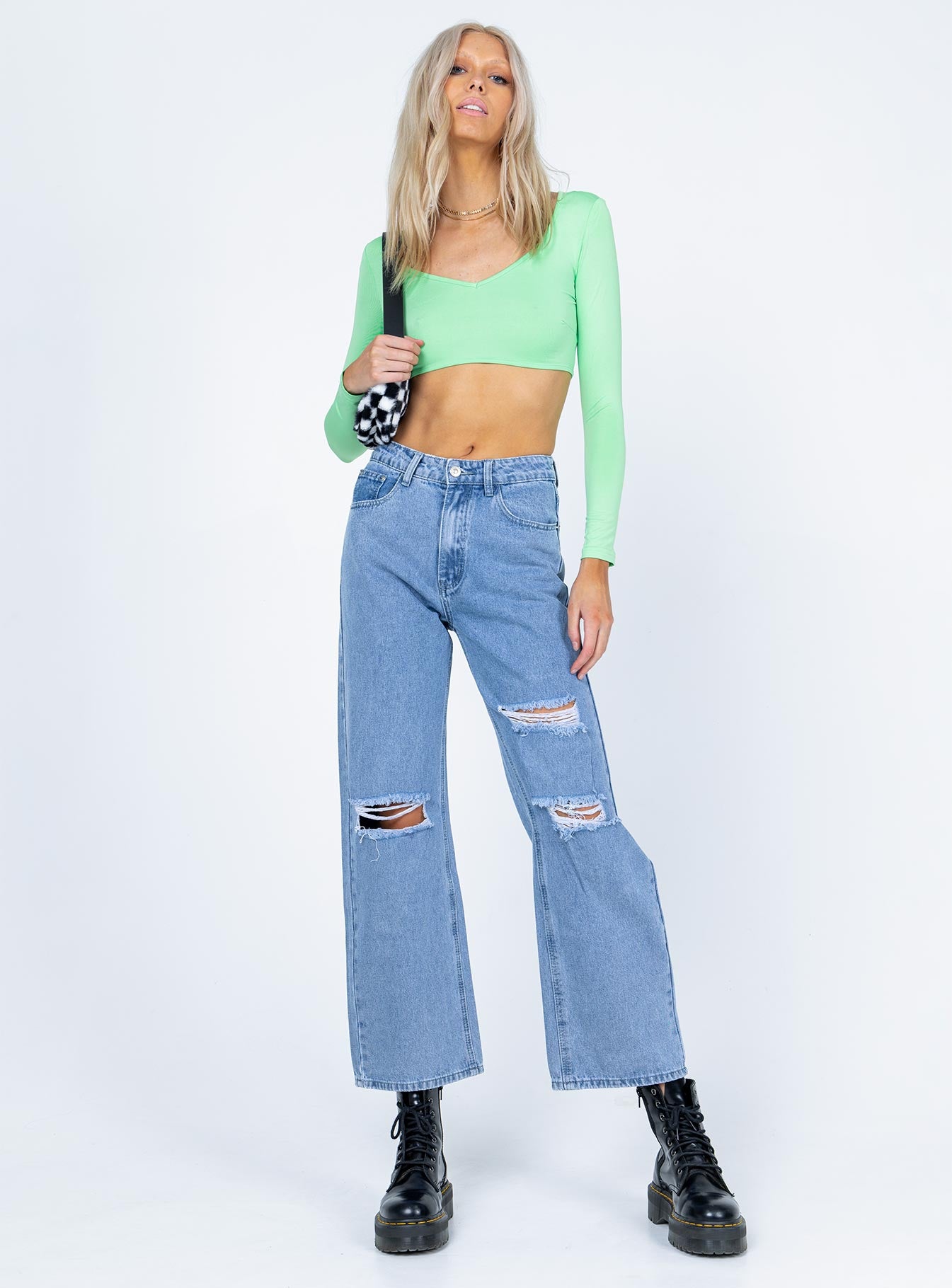 front view of model wearing Princess Polly Ryder Long Sleeve Top Green 