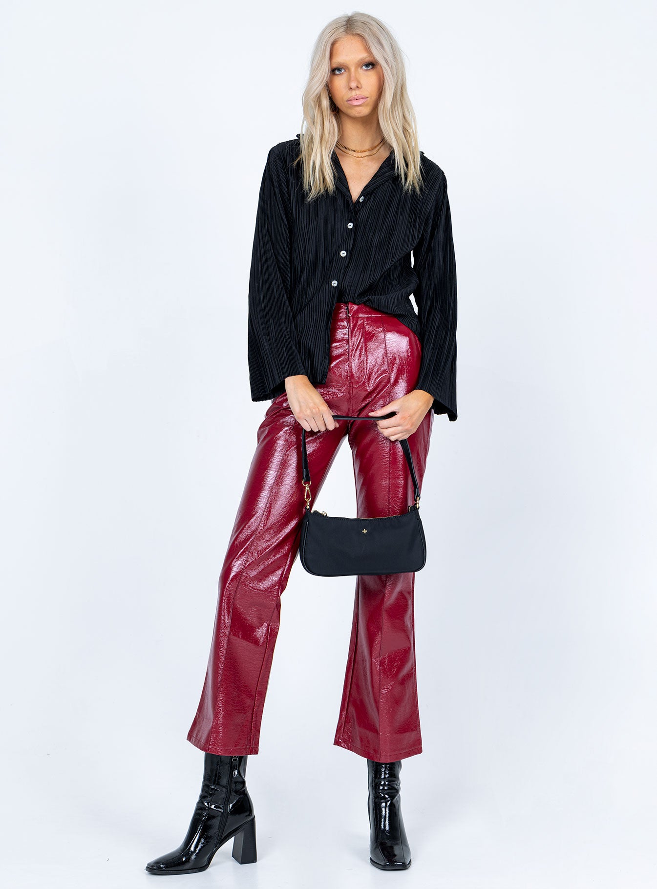 front view of model wearing Princess Polly Louie Pleated Shirt Black 