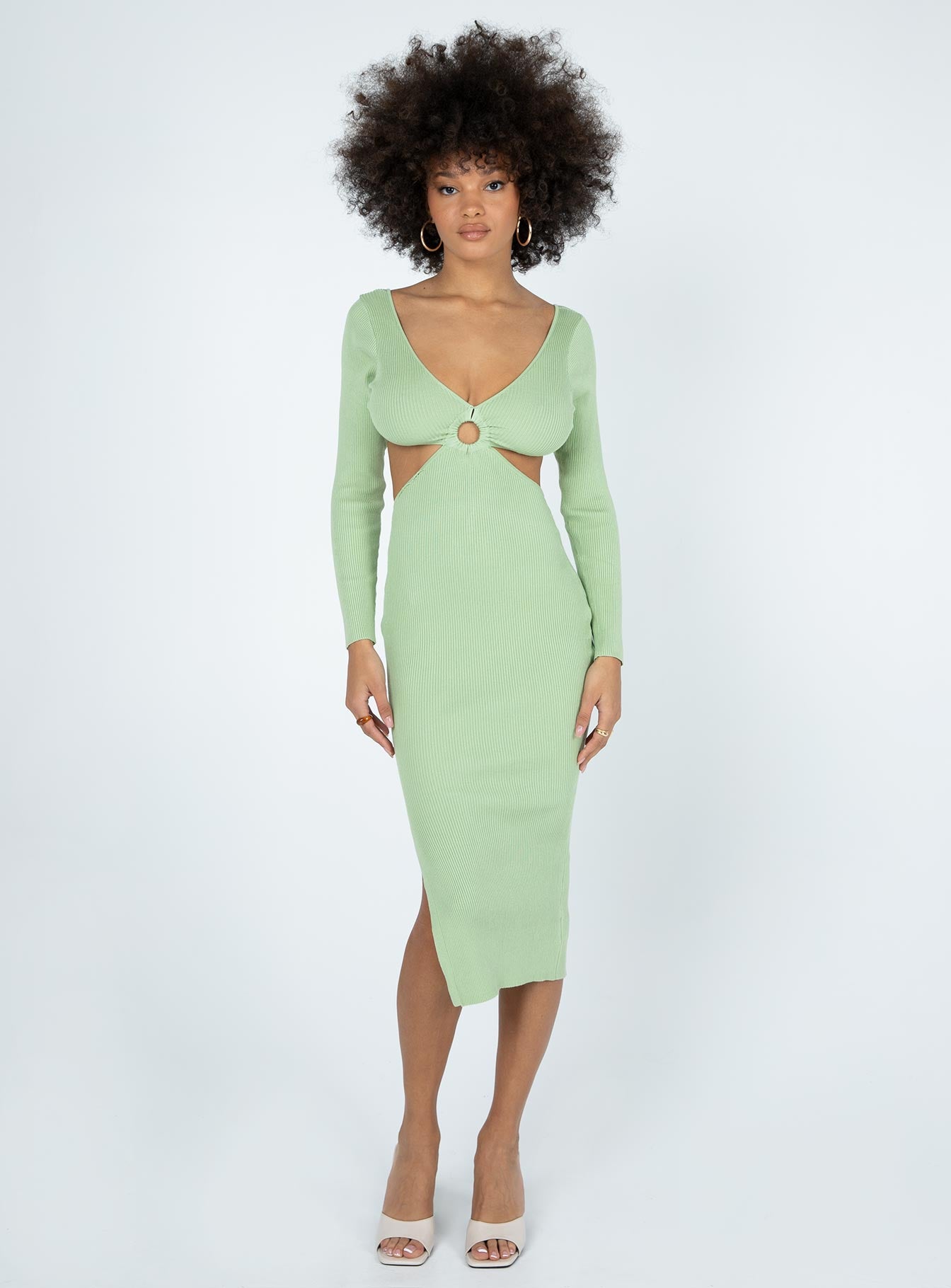 front view of model wearing Princess Polly Lucia Midi Dress Green 