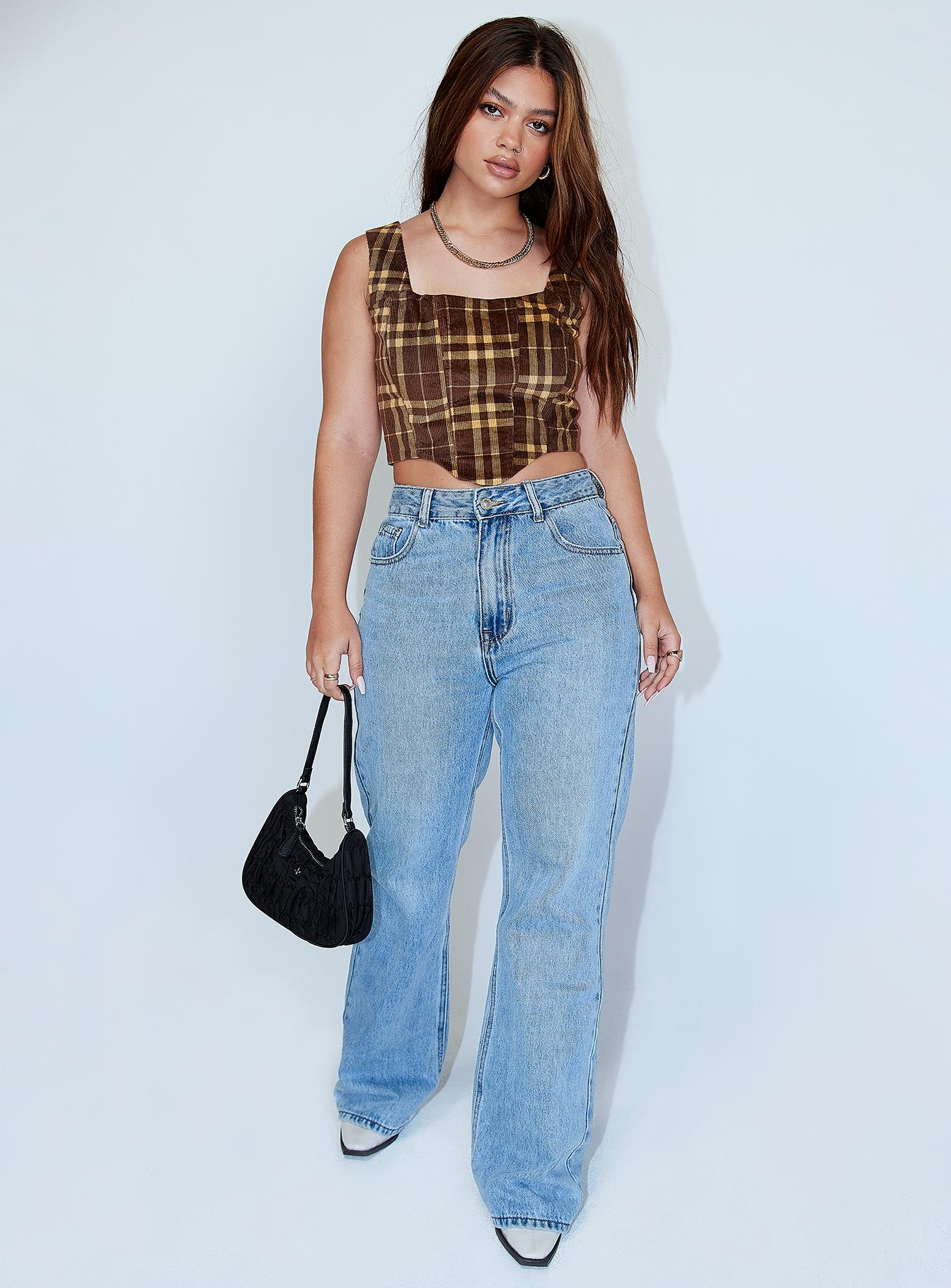 side view of model wearing Princess Polly Cheyenne Top Brown 