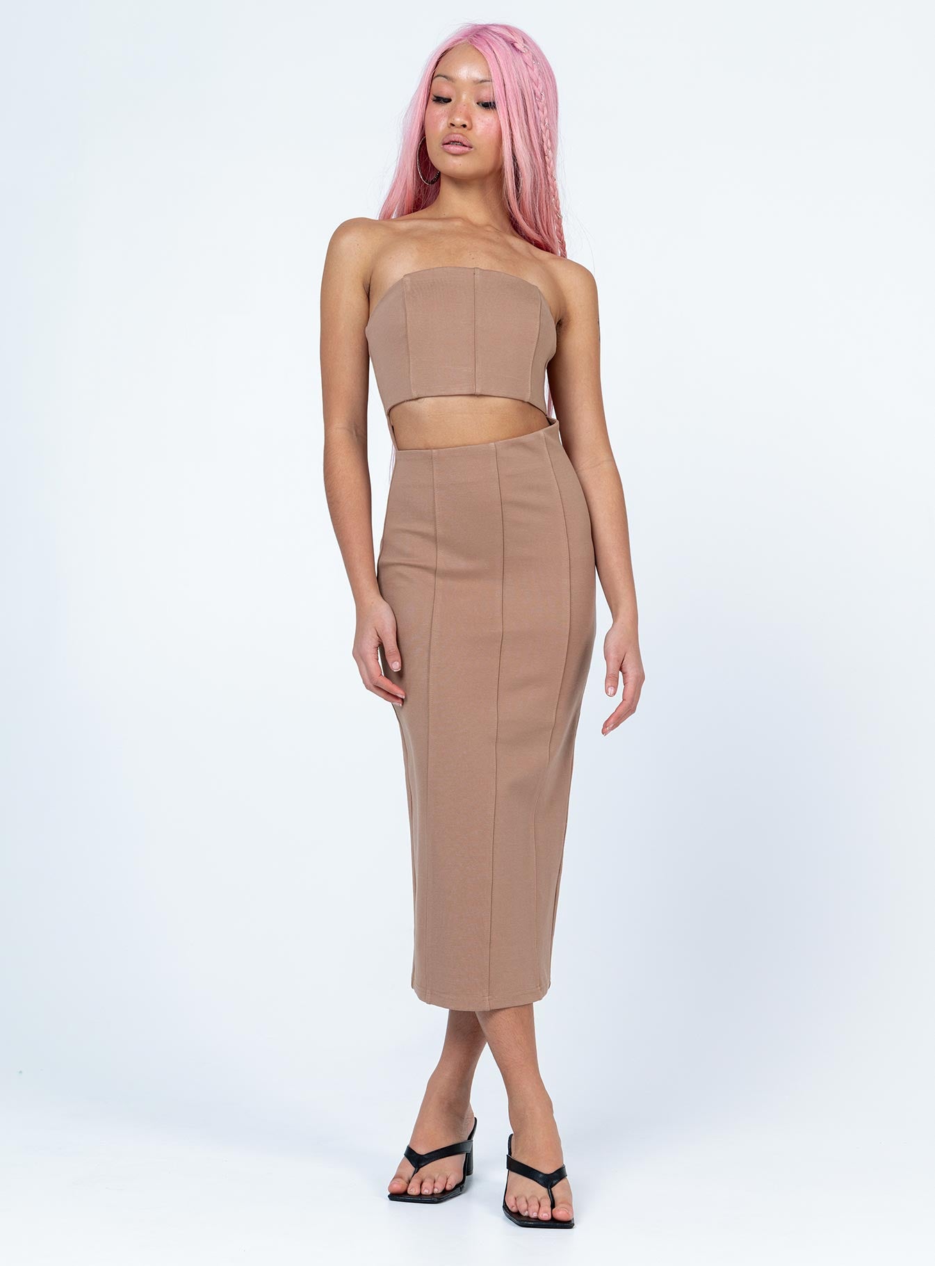 front view of model wearing Princess Polly Archy Midi Dress Beige Square Neck 