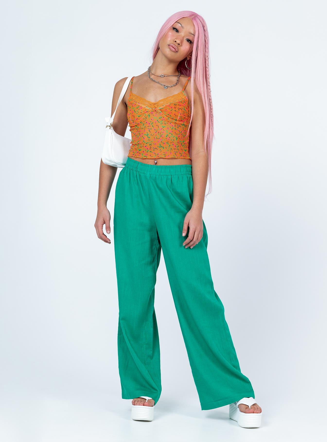 side view of model wearing Princess Polly Louis Linen Blend Pants Green 