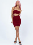 front view of model wearing Princess Polly Courtney Mini Dress Burgundy Square Neck 