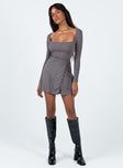 Front view of model wearing  front Princess Polly High Neck  Braidwood Long Sleeve Mini Dress Grey