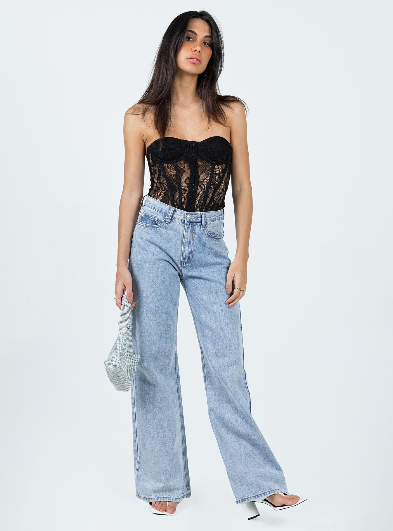 front view of model wearing Princess Polly Rafferty Strapless Bodysuit Black Sleeveless Sweetheart 