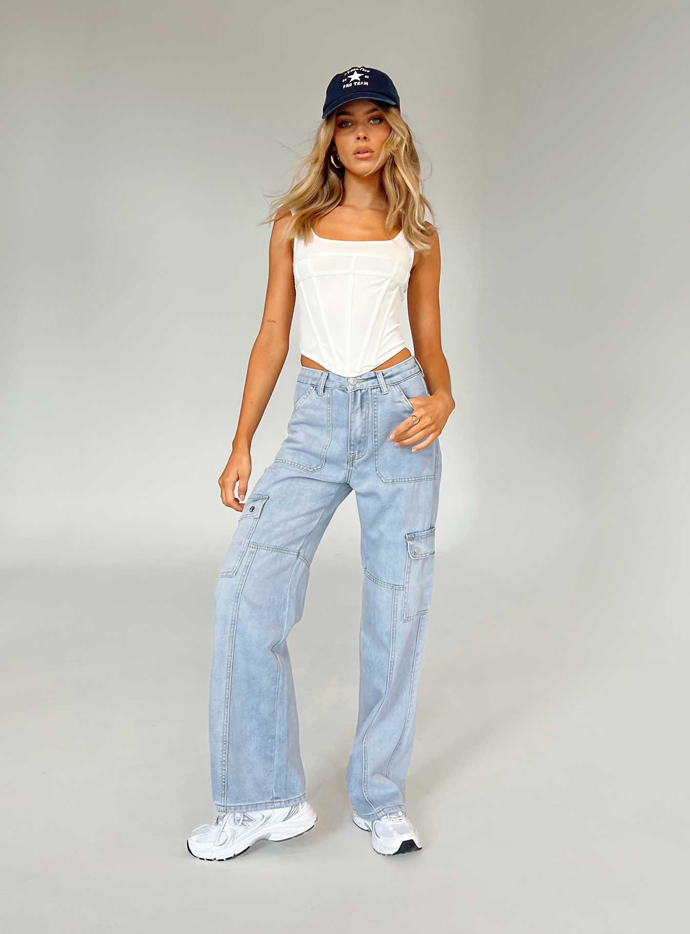 Front view of model wearing  front Princess Polly High Waisted  Vincent Cargo Jean Denim