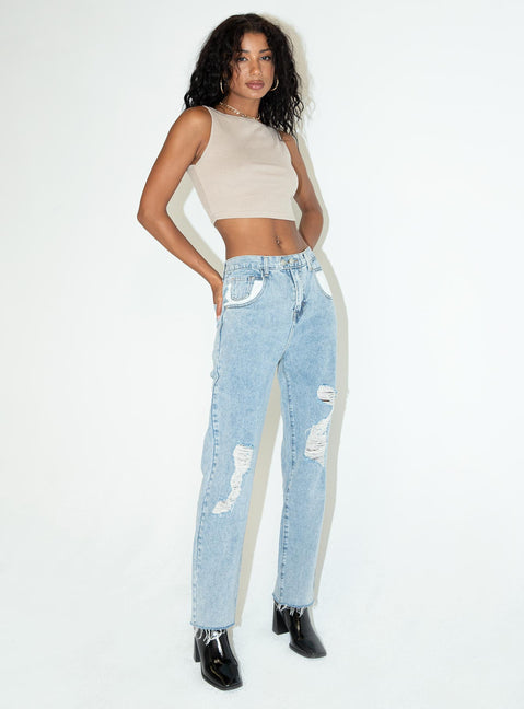 front view of model wearing Princess Polly Darlington Crop Top Beige 