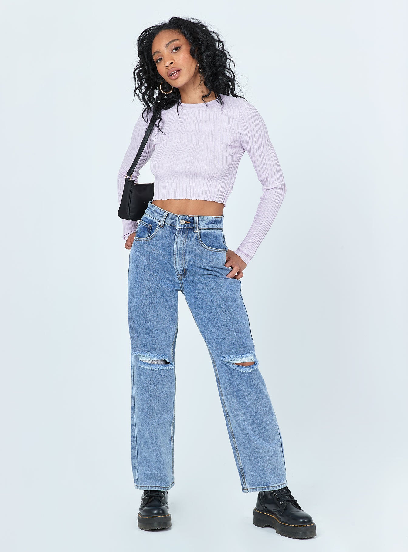 front view of model wearing Princess Polly Vienna Straight Leg Denim Jeans High Waisted 
