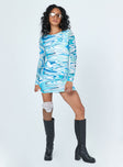 front view of model wearing Princess Polly Beckett Long Sleeve Mini Dress Blue 