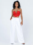 Red strapless top Boning through neckline & waist  Plunging neckline  Pleated bust  Lace-up back tie fastening  Rounded hem 