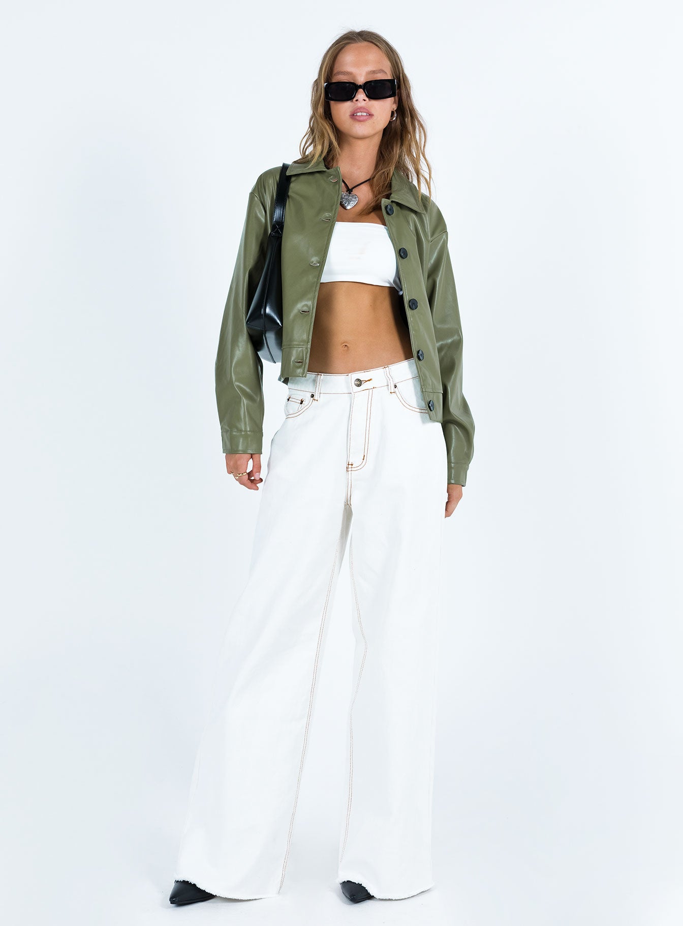 Green jacket Faux leather jacket Pointed collar Button fastening at front Twin hip pockets Single button cuff