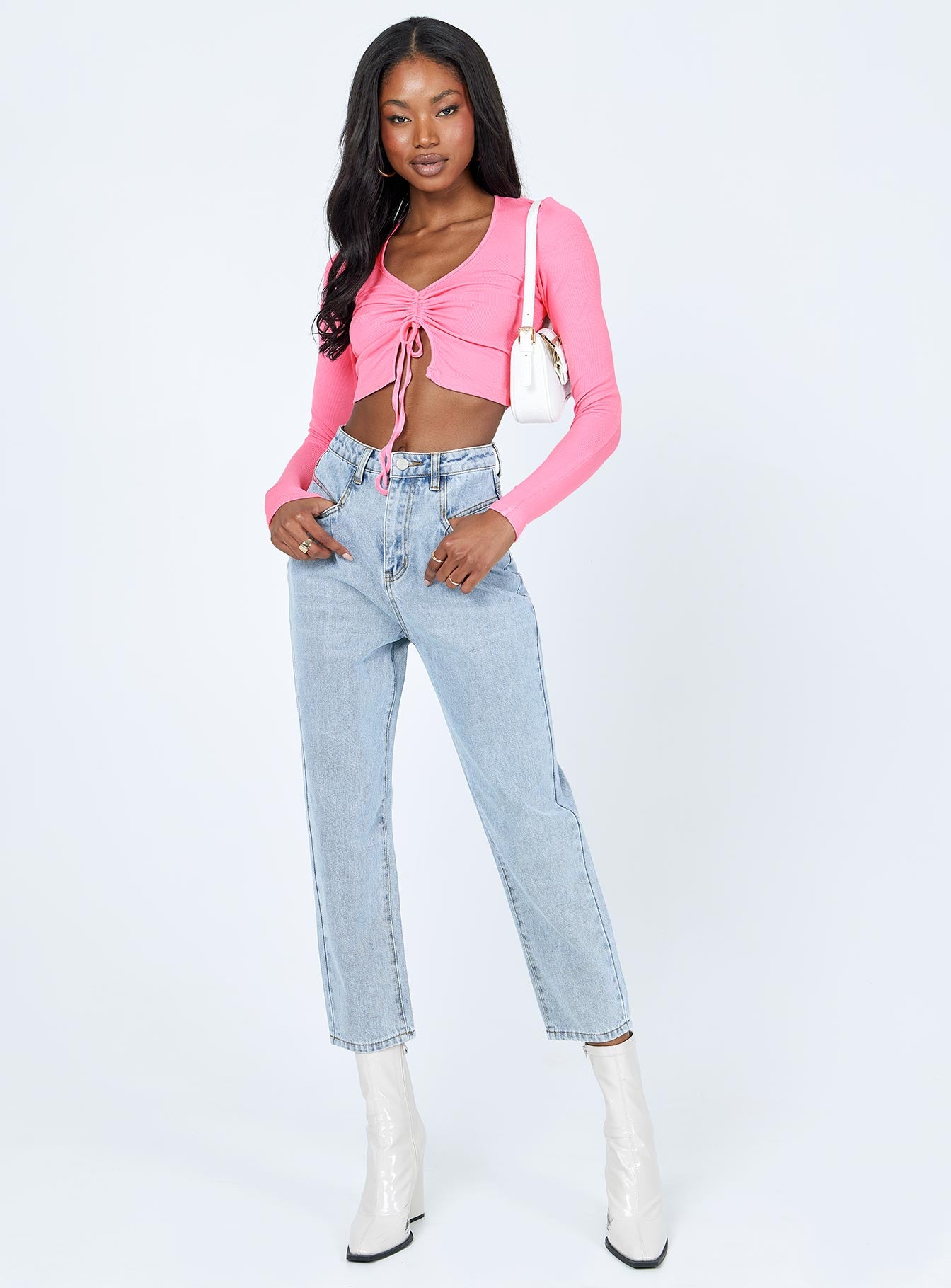 front view of model wearing Princess Polly Kibrya Mom Denim Jeans Mid Rise 