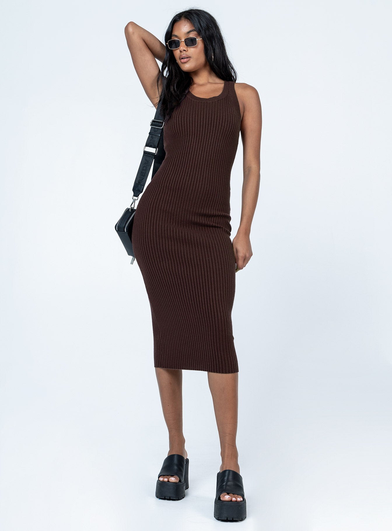 front view of model wearing Princess Polly Newport Midi Dress Brown Crew Neck 