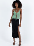 Sage crop top Crinkle material  Halter neck tie fastening  Tie fastening at bust  Open front  Good stretch  Lined bust 
