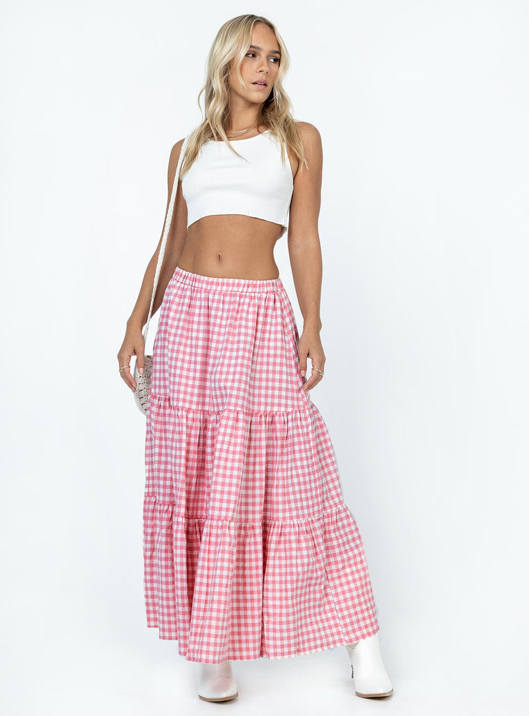 Front view of model wearing  front Hale Midi Skirt Pink Princess Polly  Maxi 