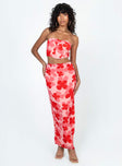 Matching set Floral print Strapless crop top Inner silicone strip Clasp & zip fastening at back Curved hem Midi skirt Invisible zip fastening at back High slit at back