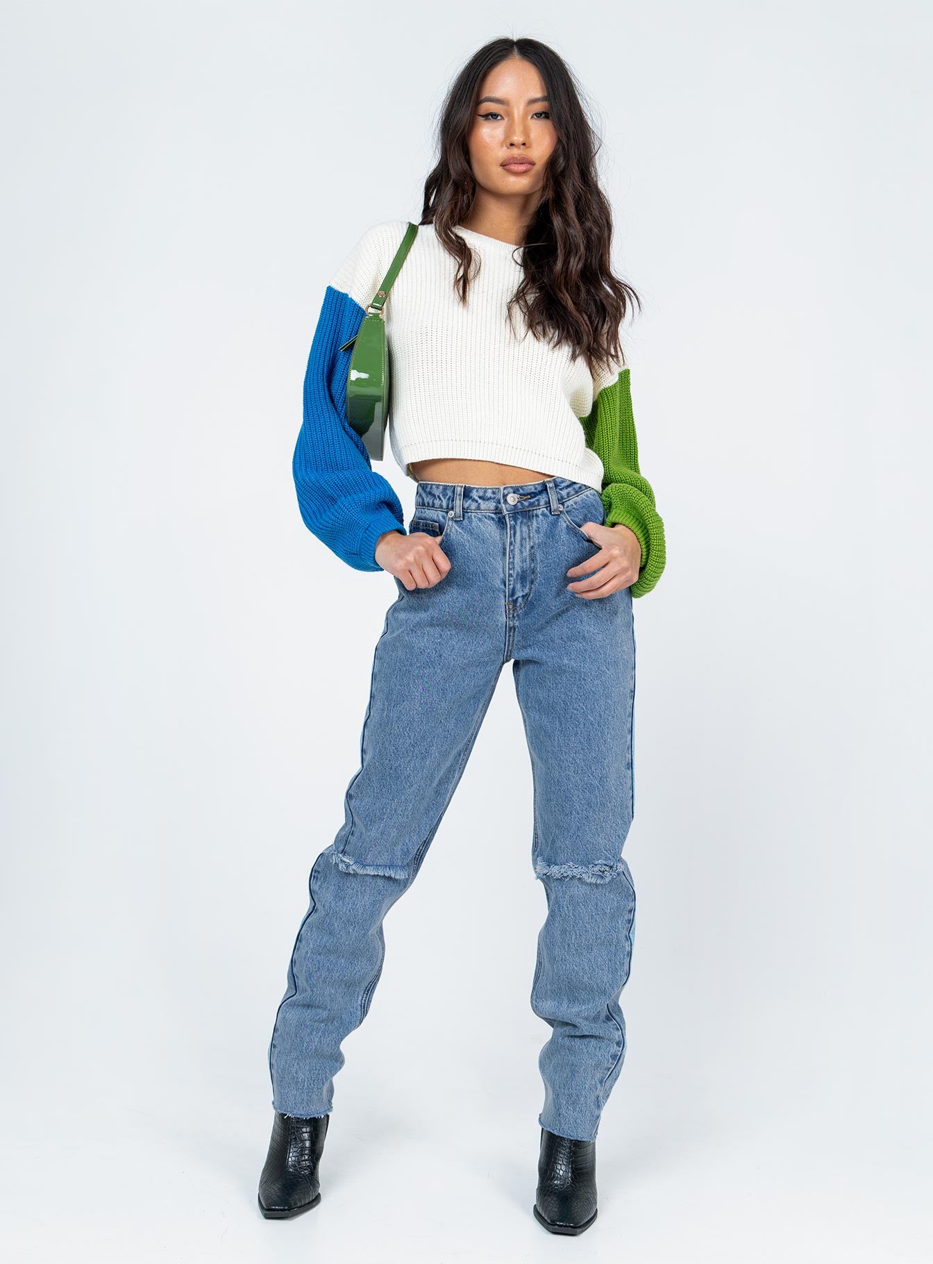 front view of model wearing Princess Polly Bolonia Skinny Denim Jeans Mid Rise 