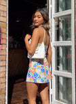 back view of model wearing Princess Polly Paradise City Mini Dress Multi Floral Square Neck 