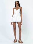 Romper Silky material  Lace trimming  Elasticated shoulders Tie at bust  Shirred back  Invisible zip fastening at back 