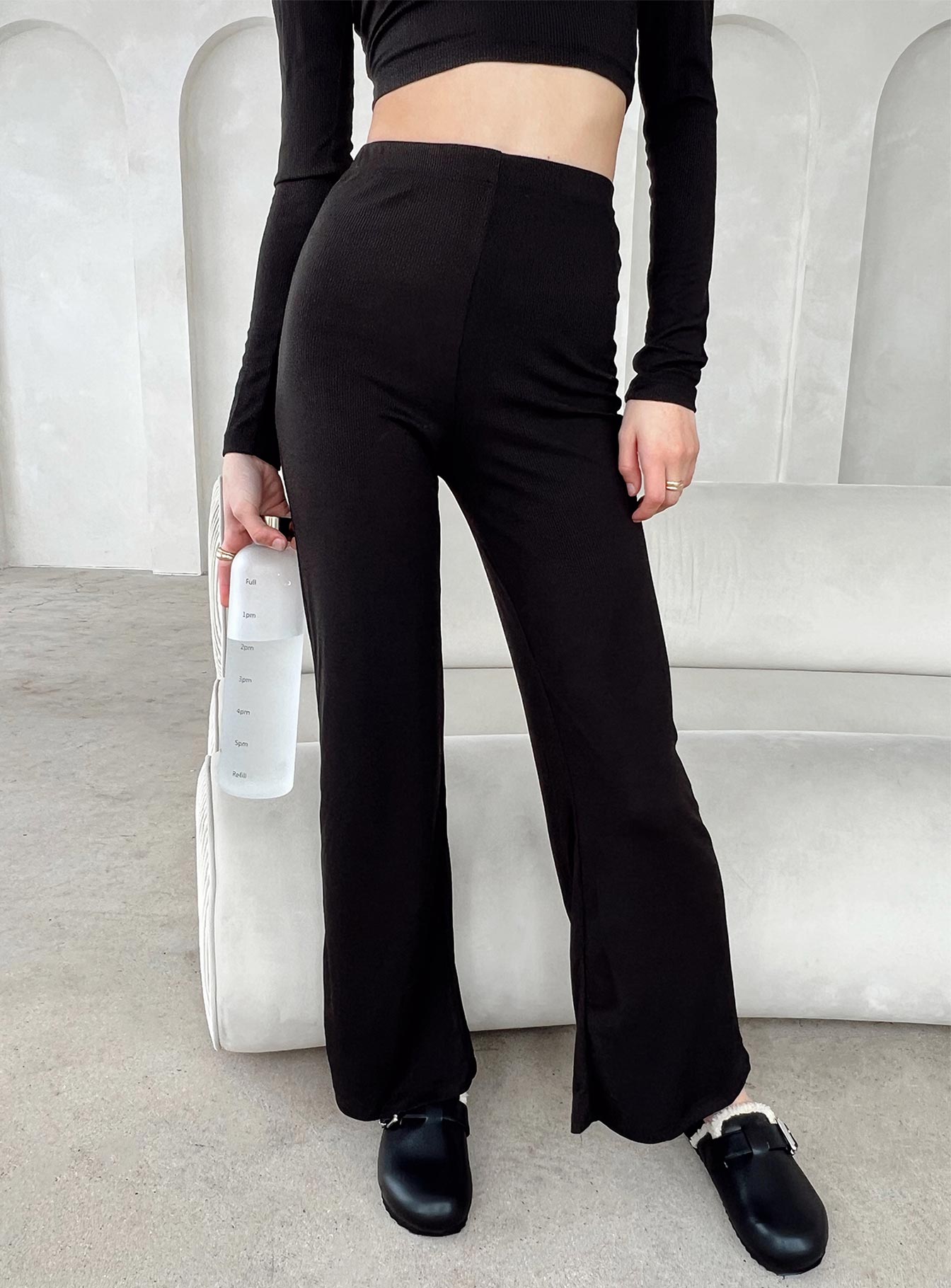 Three piece set Ribbed material Long sleeve bolero Tube top Inner silicone strip at bust Pants Thick elasticated waistband Straight leg