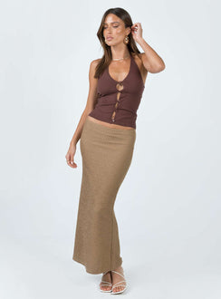 Front view of model wearing  front Princess Polly Sleeveless Square Neck  Alessi Top Brown