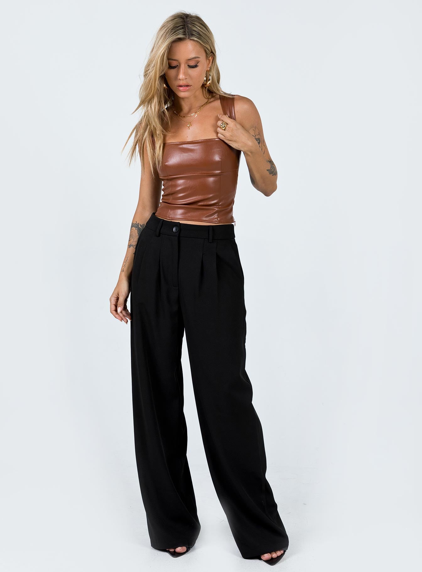 product Princess Polly Three Fourth Sleeves Square Neck  Brumby PU Top Brown