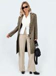 Coat Plaid print Lapel collar Button fastening at front Twin hip pockets Slit at back